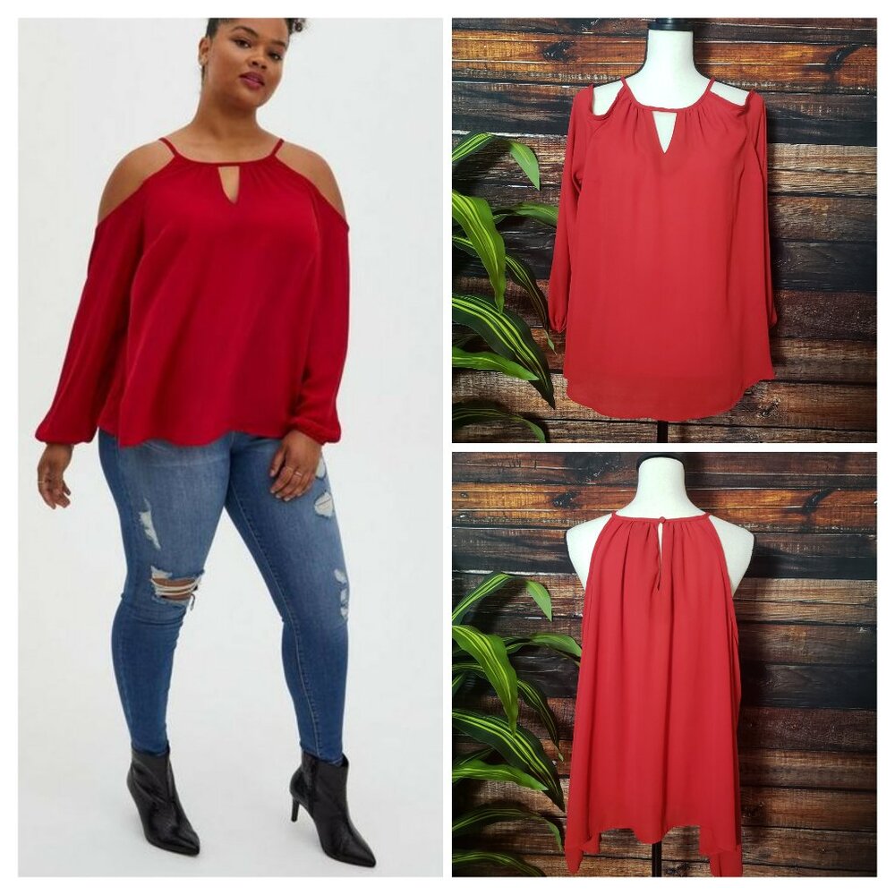 Torrid Georgette Top Size L Flowy Cold Shoulder Keyhole Top Blouse Red NWOT